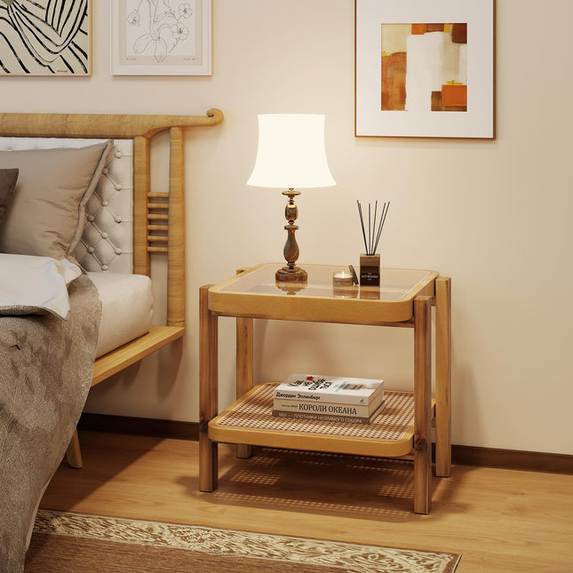 Dreamade Rattan Side Table, Boho End Table for Living Room, Narrow Bedside Table with Tempered Glass Top