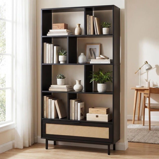 Dreamade 64" Tall 6-Tier Wood Bookshelf with Rattan Drawer
