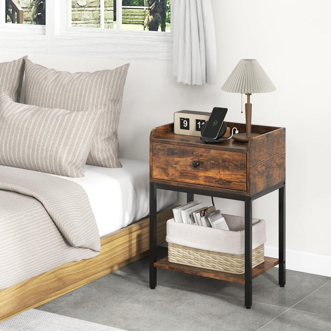 Dreamade Nightstand with Charging Station, Industrial Bedside Table with Storage Drawer & Open Shelf