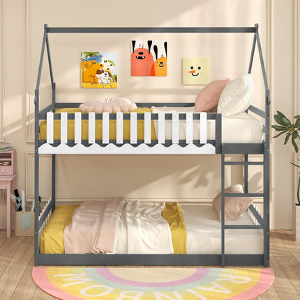 Dreamade Bunk Bed Twin Over Twin, Wood House Low Bunk Bed with Ladder & Fence Safety Guardrail