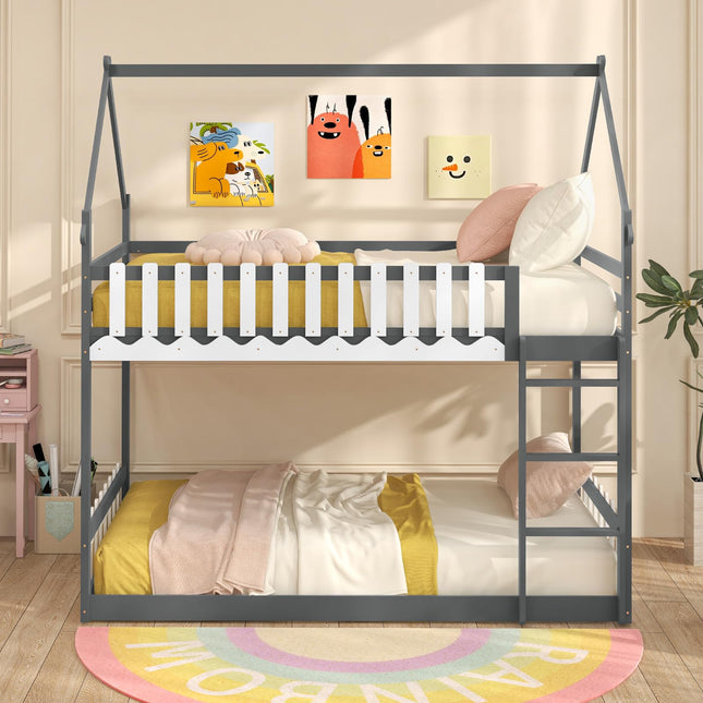 Dreamade Bunk Bed Twin Over Twin, Wood House Low Bunk Bed with Ladder & Fence Safety Guardrail