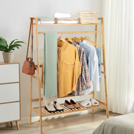 Dreamade 3 Tier Bamboo Clothing Rack with Shelves, Heavy Duty Freestanding Clothes Organizer Rack with Coat Hooks