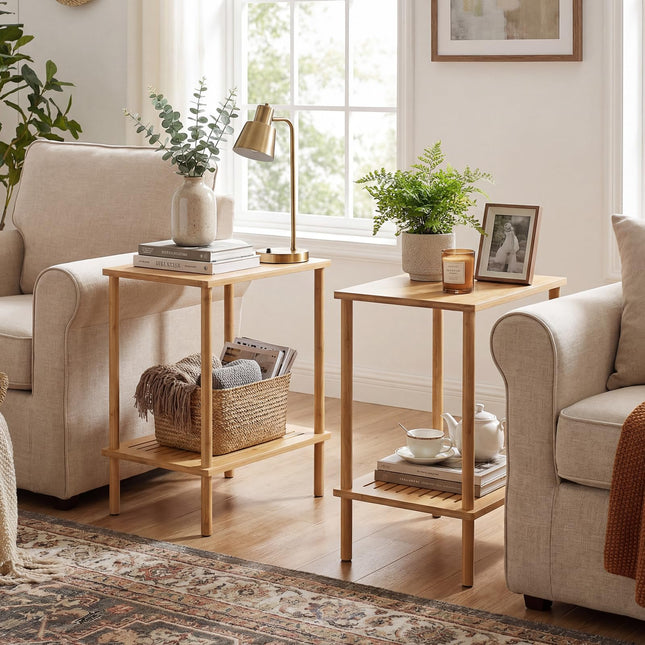 Dreamade Bamboo Side Table Set of 2 w/Storage Shelves