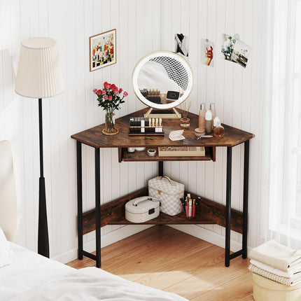 Dreamade Small Corner Desk with Charging Station with Keyboard Tray & Storage Shelf