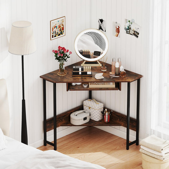 Dreamade Small Corner Desk with Charging Station with Keyboard Tray & Storage Shelf