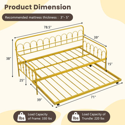 Dreamade Twin Daybed with Trundle Gold, Metal Day Bed with Convenient Pull-Out Trundle Bed