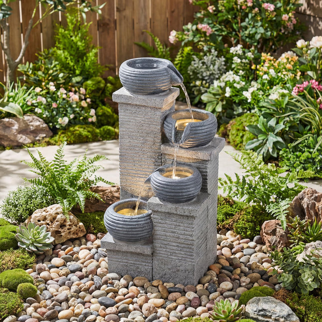 Dreamade 4-Tier Water Fountain Outdoor with Warm LED Lights & Pump