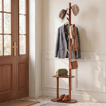 Dreamade 70" Solid Wood Clothing Rack with 8 Hooks and 2 Storage Shelves