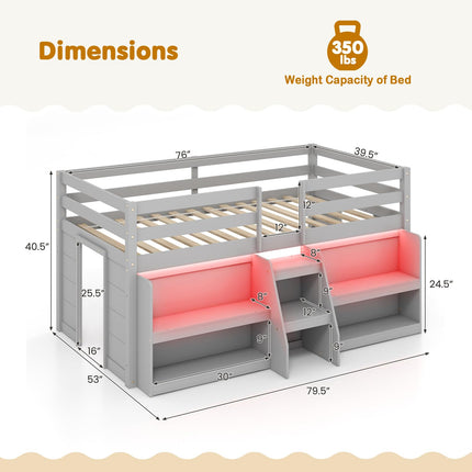 Dreamade Low Loft Bed with LED Lights, Wooden Twin Loft Bed with Stairs & Safety Guardrail