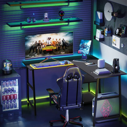 Dreamade L Shaped Desk with Power Outlets & USB Ports, 48" Corner Gaming Desk with 2 Tier Storage Shelves