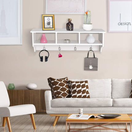 Dreamade Hanging Shelf with Hooks Wall Mount Cubby Organizer with 4 Dual Hooks and Storage for Entryway