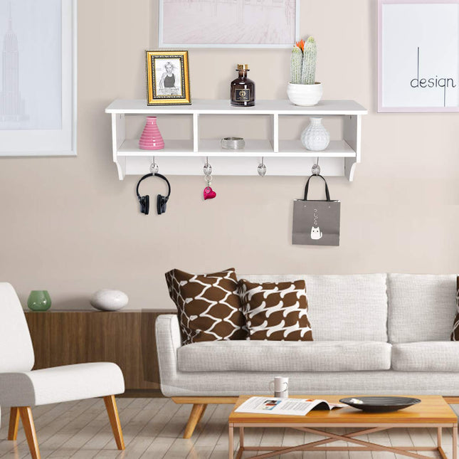 Dreamade Hanging Shelf with Hooks Wall Mount Cubby Organizer with 4 Dual Hooks and Storage for Entryway