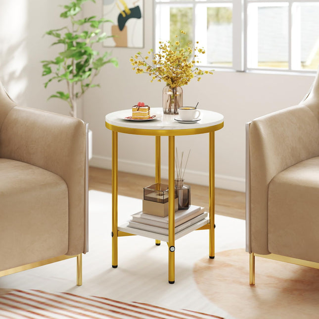 Dreamade Round Side Table 2-Tier Faux Marble Sofa Side Coffee Table w/Gold Frame & Open Shelf