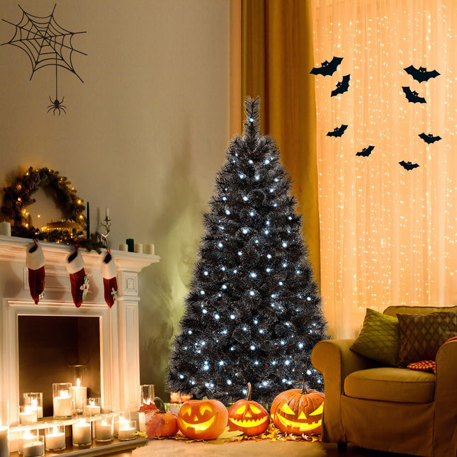 Dreamade 6/7/8 ft Pre-Lit Black Halloween Christmas Tree, Artificial Hinged Xmas Full Tree with 362/572/860 Pine Needles & PVC Branch Tips
