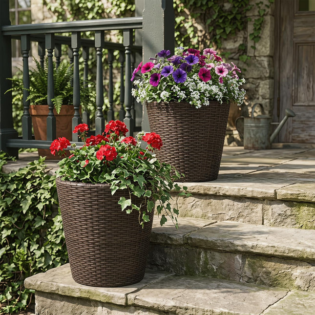 Dreamade Set of 2 Plastic Planters | 15 Inch & 11.5 Inch Taper Rattan Planters with Drainage Holes