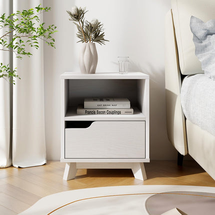 Dreamade 2 Tier Nightstand, Mid Century Modern Bedside Table with Storage Drawer & Open Shelf
