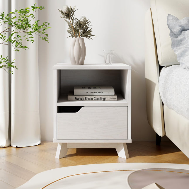 Dreamade 2 Tier Nightstand, Mid Century Modern Bedside Table with Storage Drawer & Open Shelf