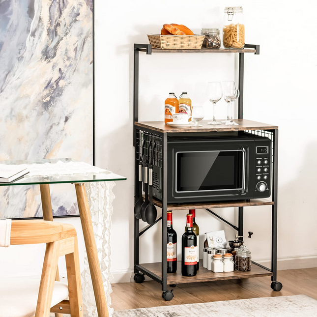 Dreamade Kitchen Baker Rack on Wheels, Industrial Utility Storage Shelf, with 3 Hooks (Rustic Brown)