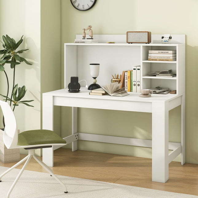Dreamade Computer Desk with Hutch, Modern Home Office Desk with Power Outlets, Storage Shelves & Cable Hole