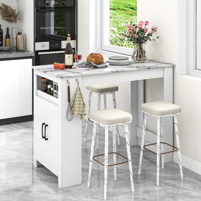 Dreamade Bar Table, 47” Counter Height Dining Table with 7 Hanging Hooks, Compartment, Cabinet & Adjustable Shelf