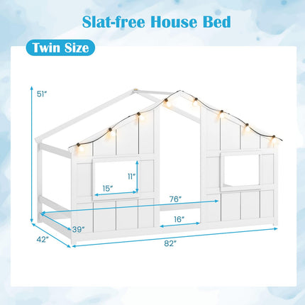 Dreamade Twin Kids House Bed with Light Bulbs Wooden Montessori Floor Bed Frame with Roof & Windows
