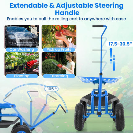 Dreamade Garden Cart, 4-Wheel Gardening Workseat with Storage Basket
