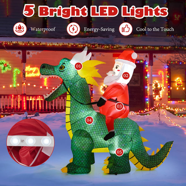 Dreamade 6.7 FT Inflatable Christmas Santa Claus Riding Dinosaur Decoration with Lights Stakes