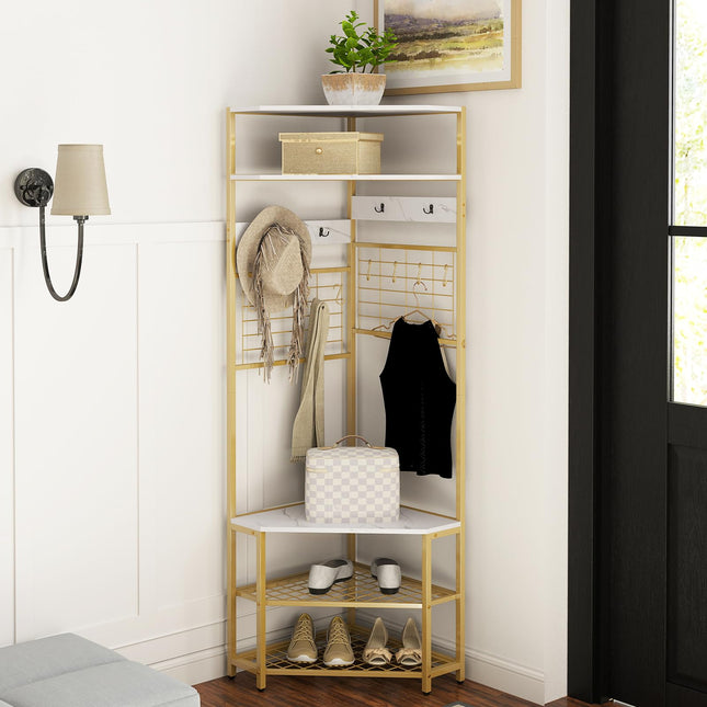 Dreamade Corner Hall Tree, 73" Tall Coat Rack w/Shoe Storage Bench, 12 Metal Hooks, 5-Tier Entryway Shoes Shelf Organizer
