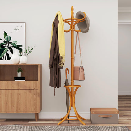 Dreamade Solid Wood Coat Rack, Freestanding Hall Tree w/12 Hooks, Umbrella Holder, Entryway Hanger Stand for Coat