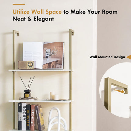 Dreamade 5 Tier Modern Wall Mounted Bookshelf, 71'' White and Gold Wood Bookcase with Steel Frame