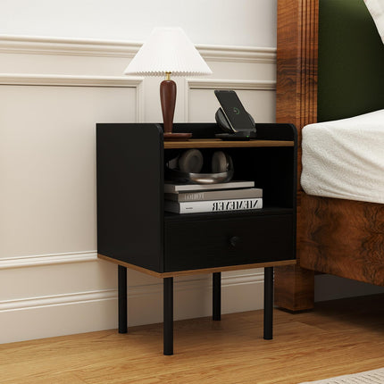 Dreamade Wood Night Stand with Drawer - Mid Century Modern Bedside Table