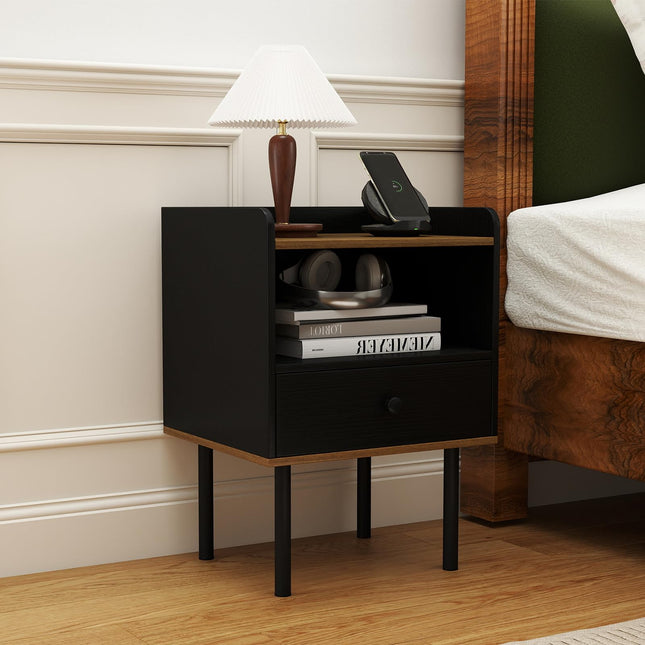 Dreamade Wood Night Stand with Drawer - Mid Century Modern Bedside Table