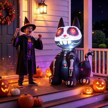 DREAMADE 4ft Halloween Inflatable Lighted Ghost Sugar Skull Cat