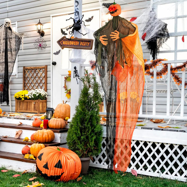 Dreamade 6 Ft Hanging Halloween Decoration, Ghost Pumpkin Man with Red LED Eyes & Posable Arms