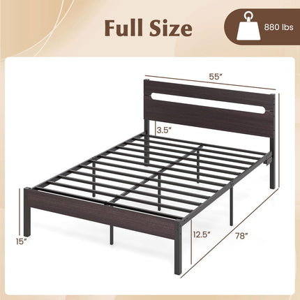Dreamade Full Size LED Bed Frame with Charging Station Rustic Metal Platform Bed