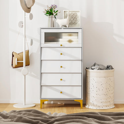 Dreamade 4-Drawer Dresser with Flip Up Fluted Glass Door