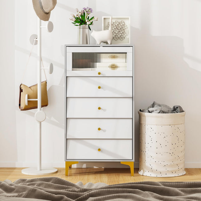 Dreamade 4-Drawer Dresser with Flip Up Fluted Glass Door