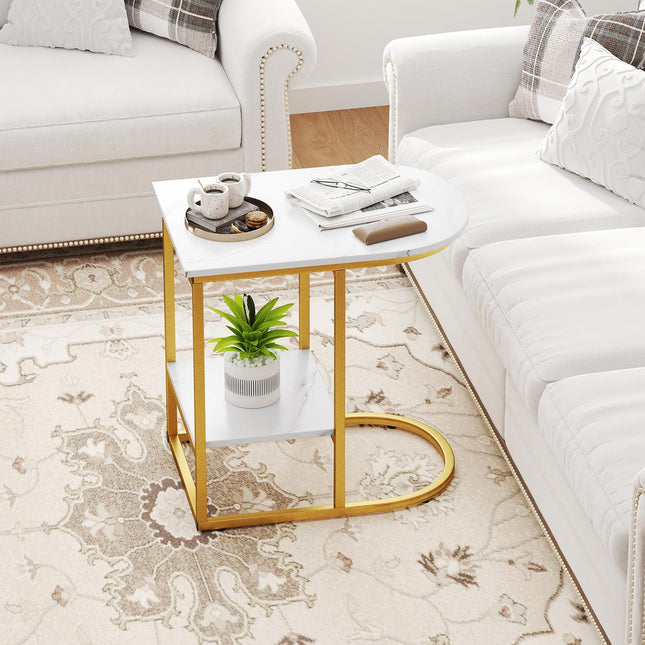 Dreamade C Shaped End Table with Faux Marble Tabletop and Storage Shelf