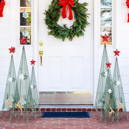 Dreamade Set of 3 Tower Shaped Christmas Trees (3ft/3.5ft/4ft), Artificial Xmas Metal Trees with Removable Star Toppers & Reindeer