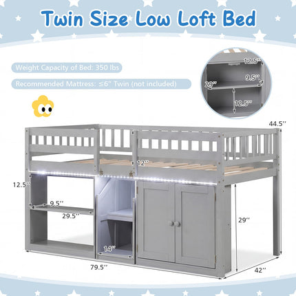 Dreamade Low Loft Bed Twin Size with LED Lights, Wooden Bed Frame
