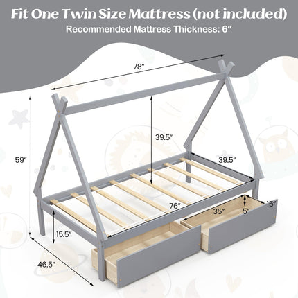 Dreamade Twin Bed Frame with 2 Storage Drawers, Wood House Tent Platform Bed Frame with Triangle Structure