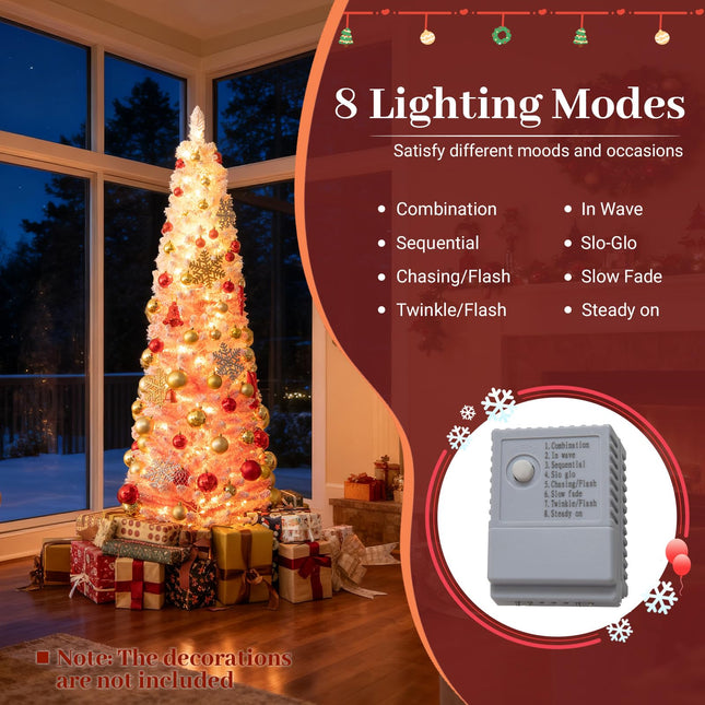 Dreamade 6ft / 7ft Pink Slim Pencil Christmas Tree | Pre-lit Snow Flocked Artificial Skinny Xmas Tree