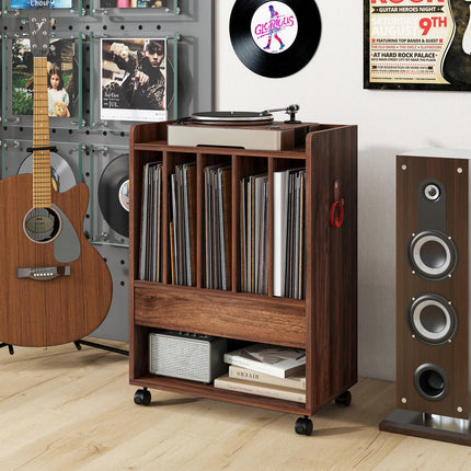 Dreamade Record Player Stand, Rolling Turntable Stand with Drawer, Hook & Lockable Wheels