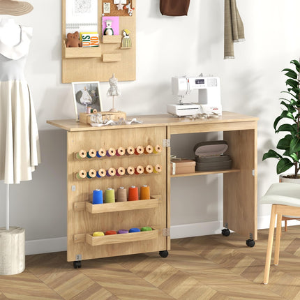 Dreamade Folding Sewing Table - Farmhouse Sewing Machine Cabinet with Barn Door