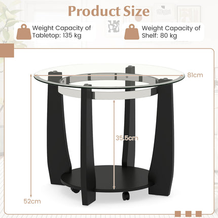 Dreamade Round Glass Coffee Table 32" Rolling Center Tables with Wheels