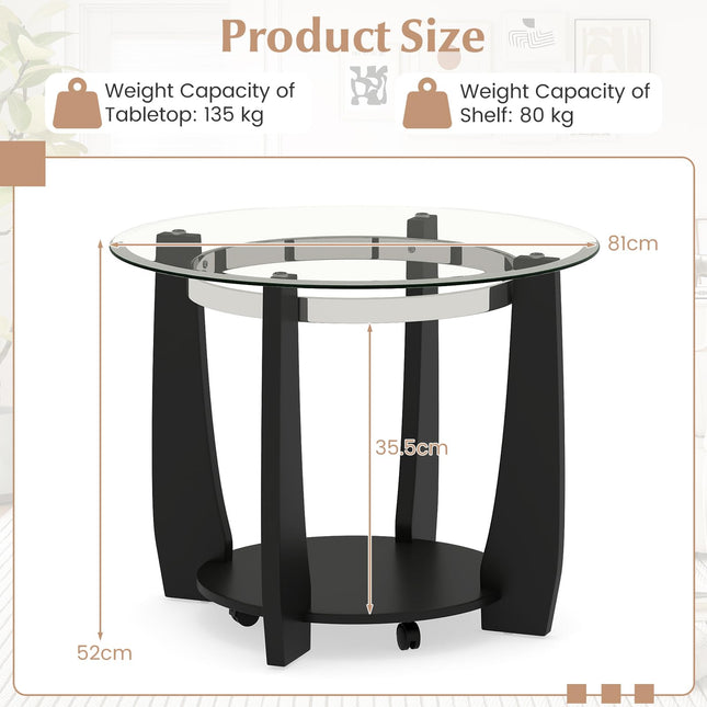 Dreamade Round Glass Coffee Table 32" Rolling Center Tables with Wheels