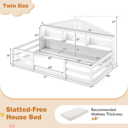 Dreamade Montessori Floor Bed with LED Lights 2-in-1 Wooden House Bed Frame with Safety Guardrails