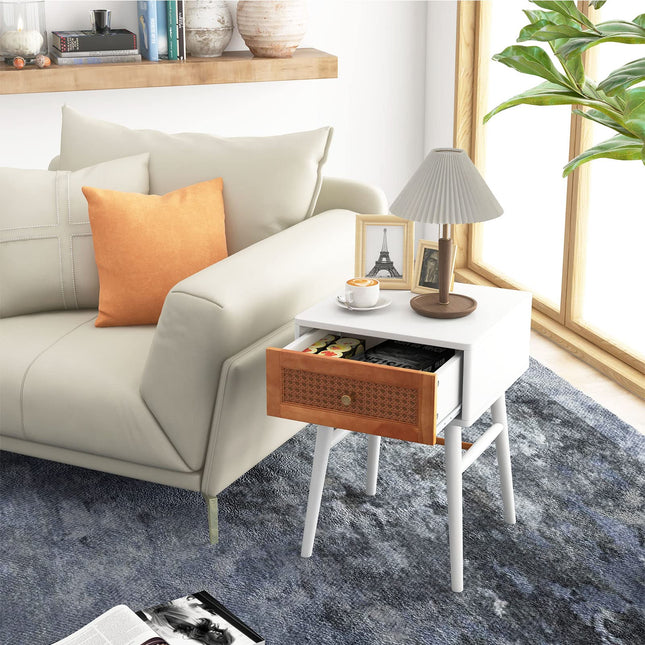 Dreamade Rattan Nightstand, Boho End Side Table with Rattan Decorated Storage Drawer & Solid Wood Legs