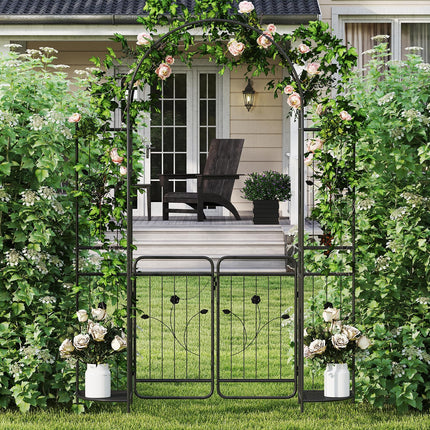 Dreamade 87'' Metal Garden Arbor with Lockable Gate and Planter Shelves