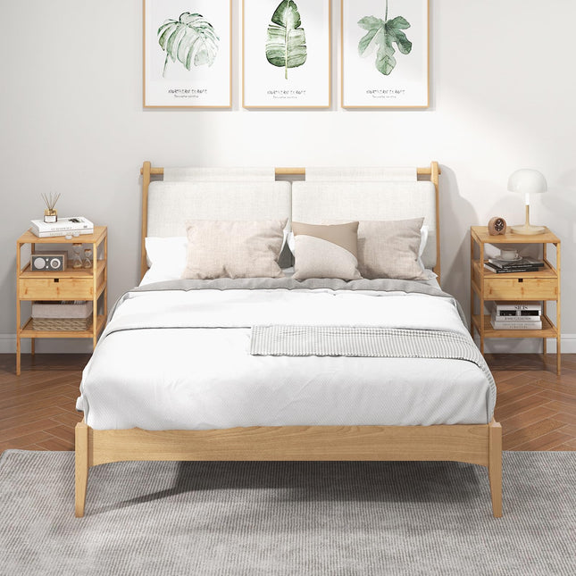 Dreamade Nightstand Set of 1/2, Bamboo End Table with Drawer and 2 Open Shelves